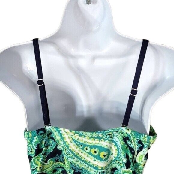 Lands' End Underwire Tankini Green Blue Size 8 Ruched Tie Adjust Padded Paisley - Picture 5 of 7